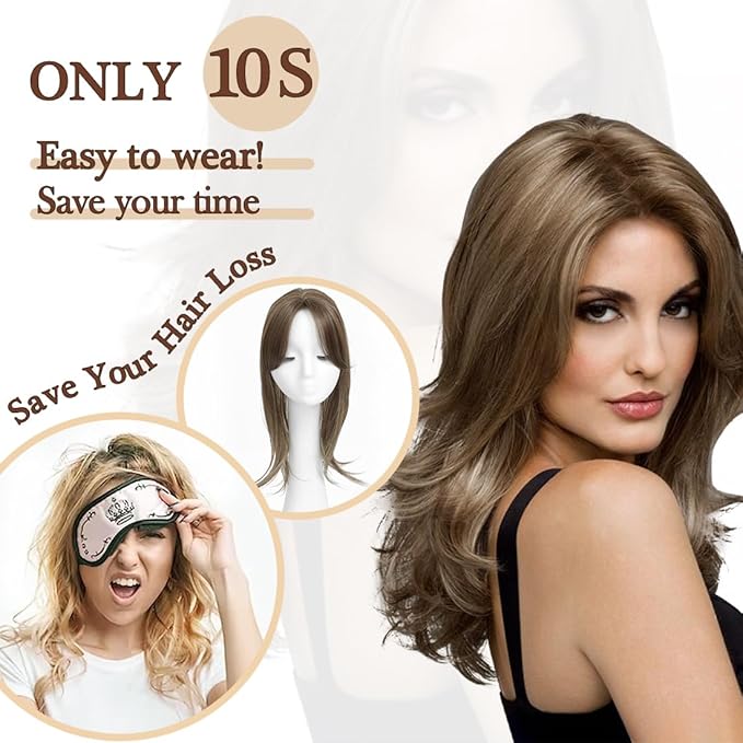 UDU Ash Brown Highlights Synthetic Fiber Hair Toppers for Women with Multi-layer Long Straight Wavy Clip in Wiglets and Fringe Bangs