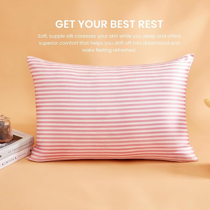 THXSILK Mulberry Silk Pillowcase for Hair and Skin Health, Grade 6A+ Mulberry Silk Pillowcase with Hidden Zipper, Soft and Breathable, 1pc (Queen 20"x30", Pink White Stripes)