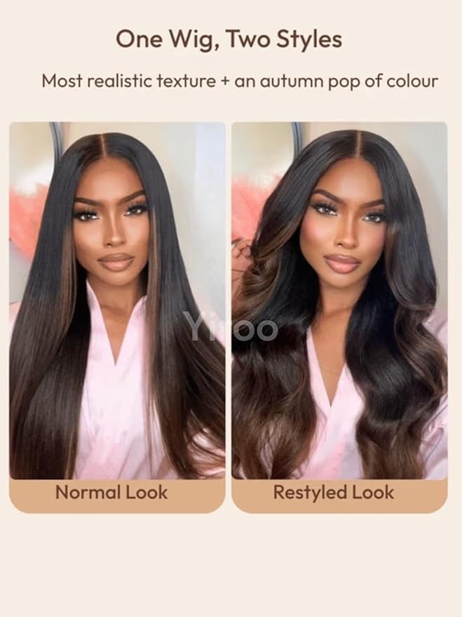 YIROO Chestnut Brown Ombre Yaki Straight 13x4 Pre Everything Frontal Glueless Wig Human Hair Pre Plucked Pre Cut,Bye bye Knots Wear and Go Drawstring Wigs Beginner Friendly 150% Density 20Inch