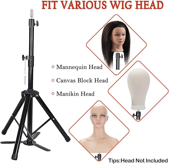 Upgraded Wig Stand Tripod, 55" Heavy Duty Reinforced Adjustable Mannequin Head Stand Tripod for Styling Cosmetology Hairdressing Training, Metal Wig Head Stand Holder with Wig Caps,Paddle Comb T-Pins (55" Black Tripod with Pedal)