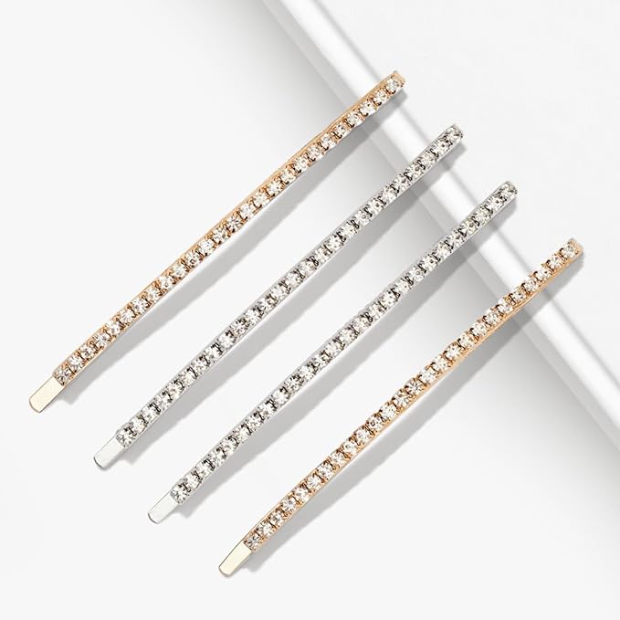 Kitsch Rhinestone Bobby Pins for Women, Stylish and Decorative Hair Accessories | Extra Long Rhinestone Hair Clips for Events | Ideal Gifts for Women - Set of 4, Gold and Silver