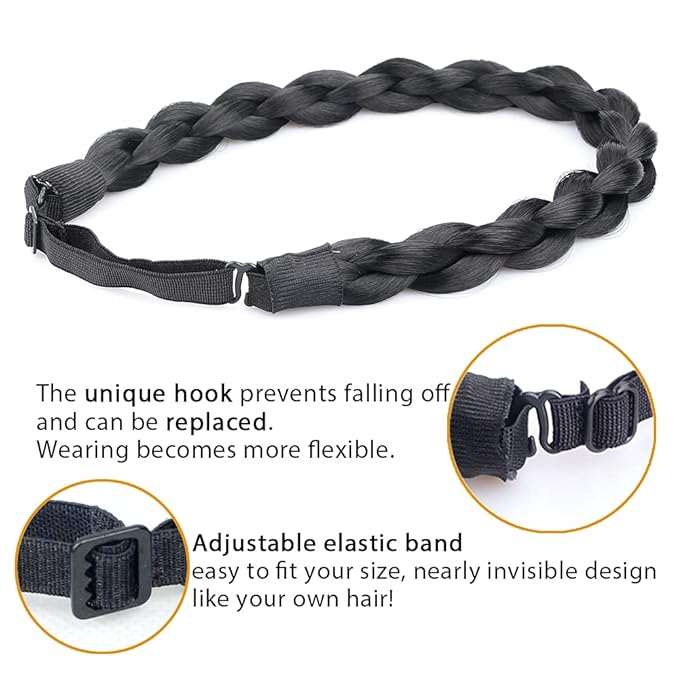 DIGUAN Chubby Narrow Synthetic Hair Braided Headband Classic Chunky Plaited Braids Elastic Stretch Hairpiece Women Girl Beauty accessory, 58g (Black)