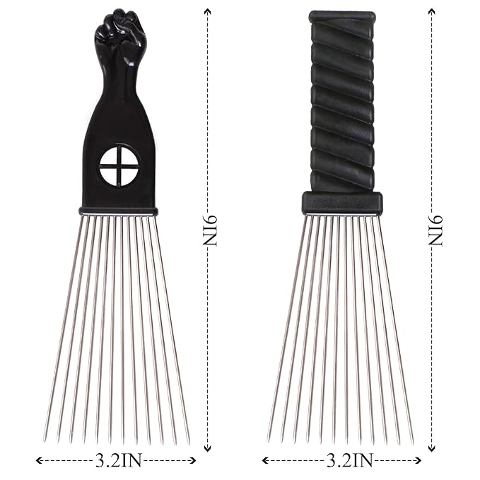 COOKOO 2 Pack Metal Afro Hair Styling Combs Curly Hair Styling Wide Tooth Afro Pick Hairdressing Styling Tool Classic Black Handle Design for Women and Men