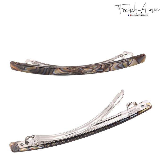 French Amie Long and Thin Large 4" Celluloid Automatic Handmade Hair Clip for Girls Strong Hold No Slip Grip Hair Claw Clips for Women, Made in France (Onyx)