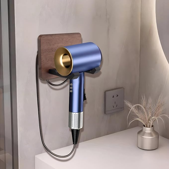 Wall Mounted Hair Dryer Holder, 4.7 * 3.7 Inch Square Shape Walnut Wood Shelf Aluminum Hairdryer Holder,Bathroom Hair Dryer Stand Drill Install (Square Shape Walnut Wood, 1)