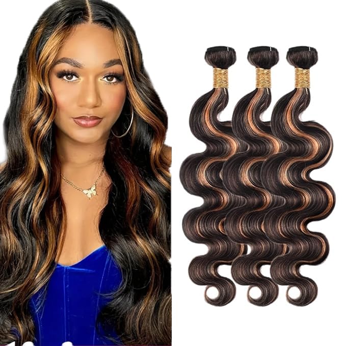 Highlight Bundles Human Hair Light Brown Body Wave Bundle Niegmeag Brazilian Virgin Remy Hair 3 Bundles 12 14 16 Inch Double Weft 2 Tone Black and Light Brown Bundle P1B30 Color