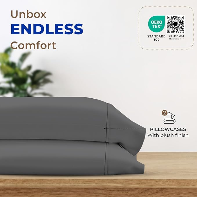 THREAD SPREAD 100% Egyptian Cotton Pillow Cases - 1000 Thread Count Pillow Cases Queen/Standard Size Set of 2, Soft, Breathable Extra Long Staple Sateen Weave Cotton Pillow Cover for Bed - Dark Grey