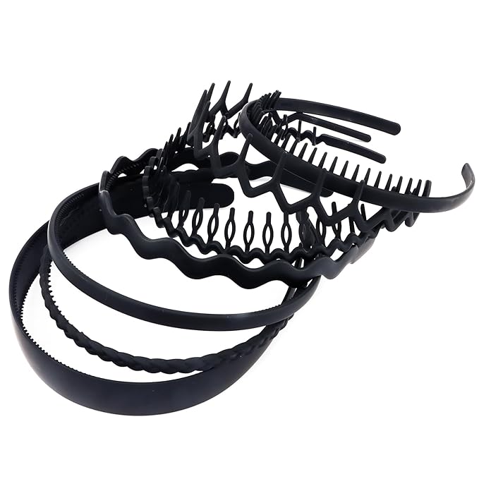 VELSCRUN 7 Pcs Different Headbands for Women Black Hair Bands for Women's Wavy Curly Hair Non Slip Plastic Head Bands with Teeth Comb Headband Face Wash Hair Accessories Gifts for Women Gilrs
