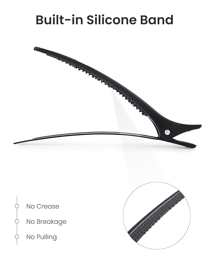 AIMIKE Extended Sectioning Hair Clips w/Built-in Silicone Band, 4.8" No-Crease Non-Slip Hair Styling Clips for Thick, Long Hair – Blow Drying,Hair Rollers, Rust-Free –6 Pack, Black Duckbill Clips