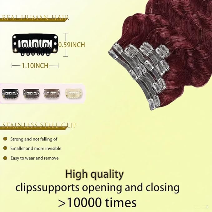 Clip in Hair Extensions Real Human Hair Body Wave 99J Burgundy Clip in 100% Brazilian Remy Human Hair Extensions 8pcs Per Set with 18 Clips Double Weft 20 Inch 105g/3.6oz