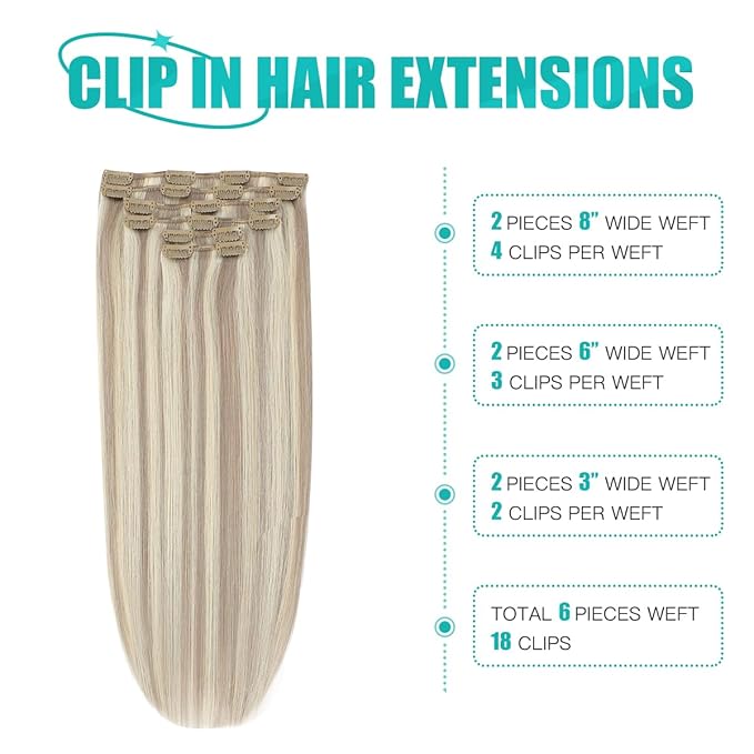SURNEL Clip in Extensions Human Hair 120g 6pcs 20 inch Ash Blonde Highlights Bleach Blonde Clip in Hair Extensions for Women (#18/613,20")