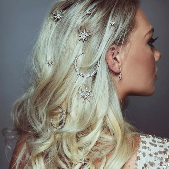 BARTOSI Moon Star Hair Clips Sparkly Rhinestone Hair Pins Vintage Bobby Pins Celestial Hair Accessories for Women and Girls (Pack of 3) (Bronze)