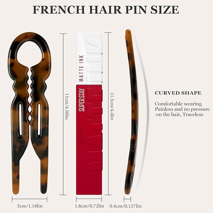 Sunolga 3pcs Prestige French Hair Pins for Women, 4.38" Large, Serrated Anti-Slip Design, Curved Shape for Better Head Fit, Coquette Elegant Hair Accessories for Updos, Chignon, Bun Hairstyles