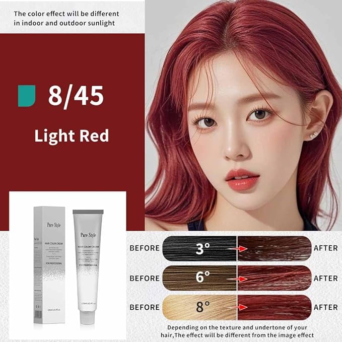 PureStyle 100ml Professional Permanent Hair Color Dye Cream Ammonia Free, Long Lasting Light Red Color, 100% Gray Coverage, Natural Shine, For All Hair Types Easy At Home Application