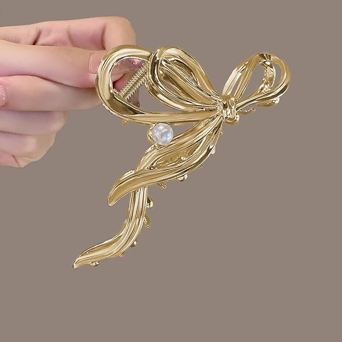 Metal Bow Hair Clips Bow Hair Claw Clips with Pearl Large Bowknot Claw Clip Strong Hold Nonslip Hair Jaw Clip for Thin Thick Hair Stylish Hair Accessories for Women Gold