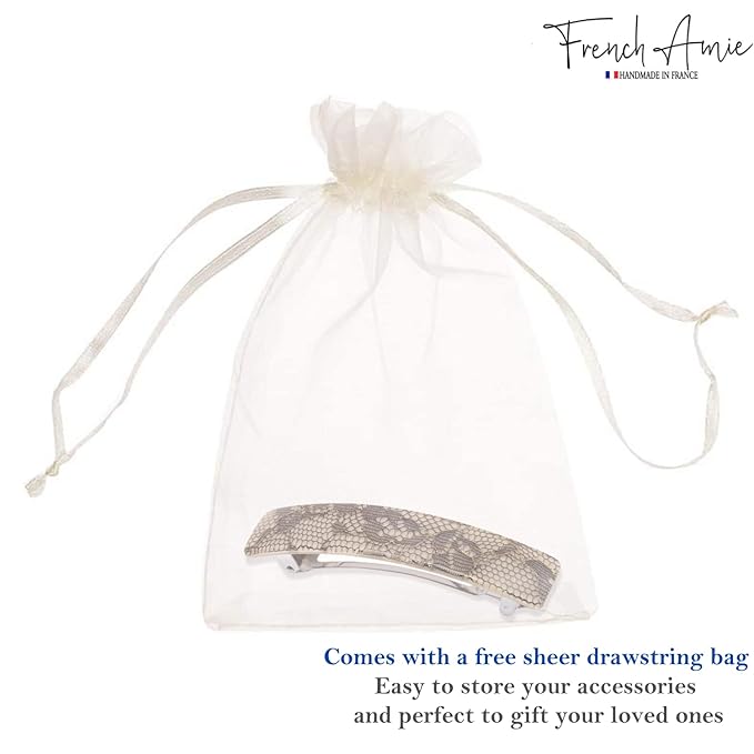 French Amie Oblong Handmade 3.5" Celluloid Automatic Hair Clip Barrette French Hair Clip for Girls Strong Hold Hair Clips for Women No Slip Durable Paris Hair Accessories, Made in France (Beige Net)