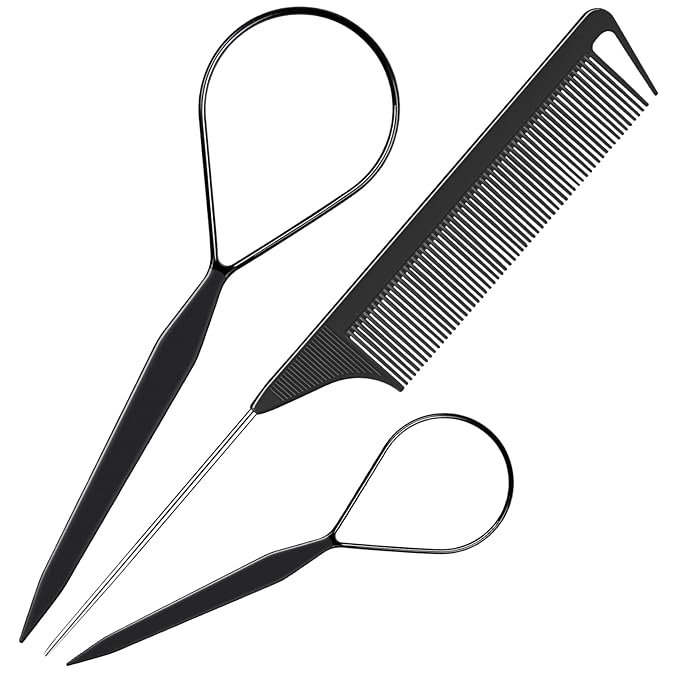 TsMADDTs 3Pack Hair Styling Tools Set with French Braid Loop, Rat Tail Comb, and Metal Pin Tail Braiding Comb, Black