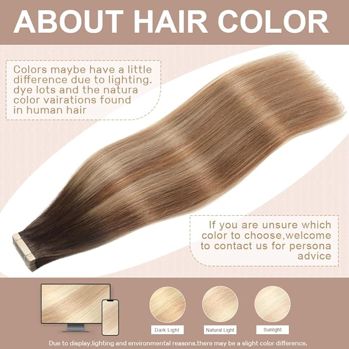Tape in Hair Extensions Human Hair 16 Inch 20pcs Invisible Tape ins Hair Extensions Real Human Hair Chestnut Brown to Mixed Dirty Blonde Remy Seamless Injected Tape Extensions