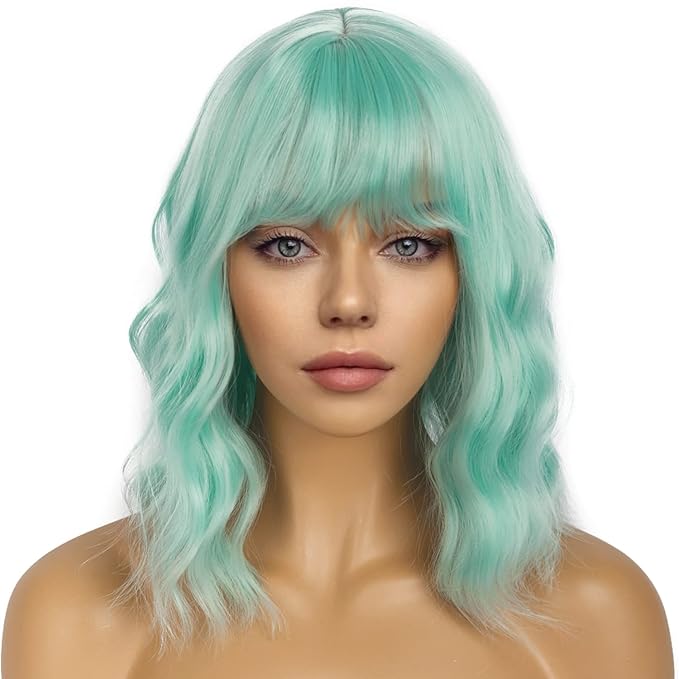 Short Bob Wigs with Bangs for Women Loose Wavy Wig Curly Wavy Shoulder Length Bob Synthetic Cosplay Wig for Girl Colorful Costume Wigs (Mint Green)
