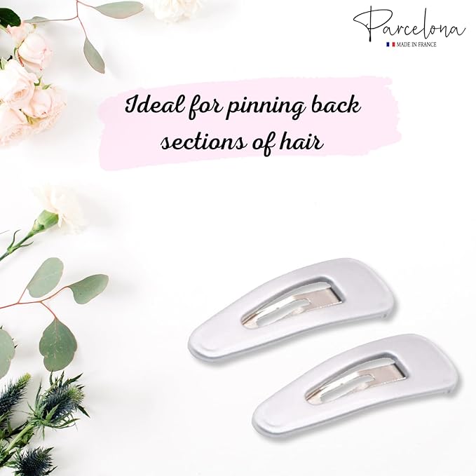 Parcelona French Mini Set of 4 Small Celluloid Acetate Snap Hair Clips No Slip Fashion Durable Styling Women Hair Accessories Girls Snap Hair Barrette, Made in France (Silver)