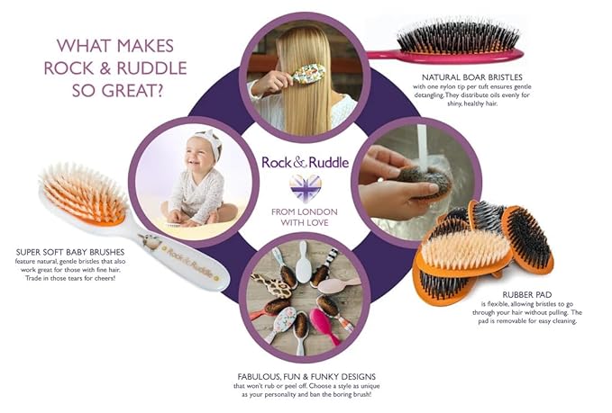Rock & Ruddle Natural Mixed Boar Bristle Hair Brush for Women and Kids (Small/Travel Size, 17.5cm) - Perfect for Wet or Dry Hair, Detangling Smoothing Blowdrying - Made in UK - Ducks
