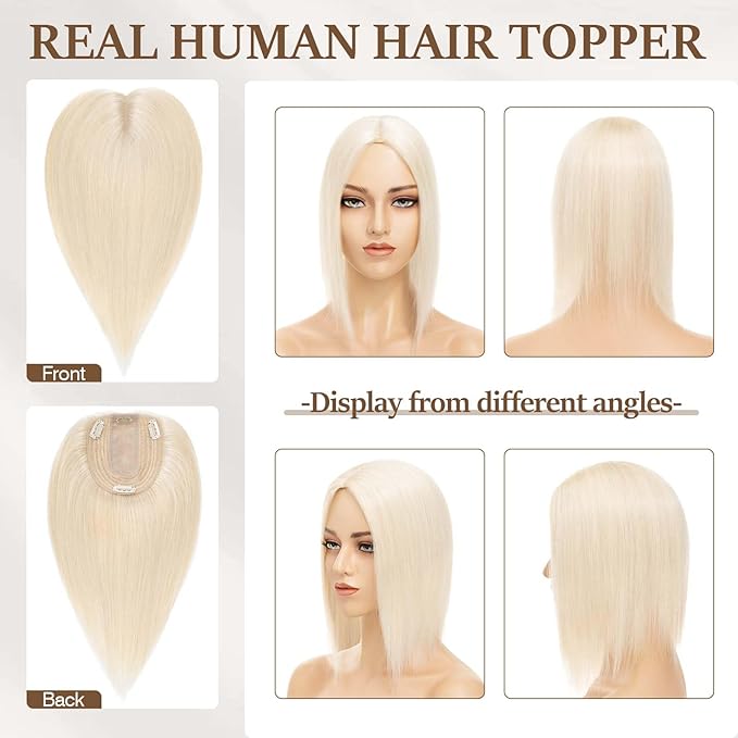 Rich Choices Hair Toppers for Women Real Human Hair 100% Human Remy Toppers NO Bangs for Women with Thinning on Top Clip in Hairpiece 4"x4.7"Lace Base 12 Inch #60 Platinum Blonde