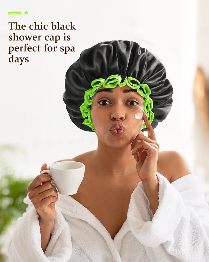 mikimini Black Shower Caps for Small Child 2 Packs, Double Layers Waterproof Bathing Hair Cap with Reusable Soft Comfortable PEVA Lining, Cute, non-fading & Stretchy Shower Hat