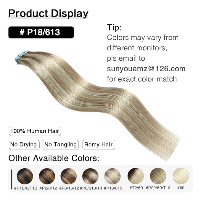SUYYA Tape in Hair Extensions Human Hair Ash Blonde Highlighted Bleach Blonde 20 Inch 50g/pack 20pcs Straight Seamless Skin Weft Tape in Real Human Hair Extensions(20inch #P18/613)