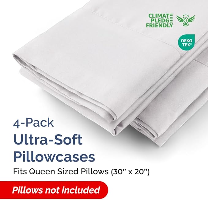 Queen Pillow Cases - 4 Pack - Super Soft Pillowcase Covers - Envelope Enclosure - Hotel Quality Pillow Protectors - Wrinkle Free, Shrink & Stain Resistant - Machine Washable - 20" x 30" (French Grey)