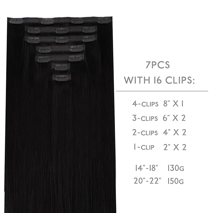 WENNALIFE Lace Seamless Clip in Hair Extensions Human Hair 7pcs Ultra Invisible 50% Thinner Seamless Clip Ins Jet Black Natural Remy Hair 16 inch