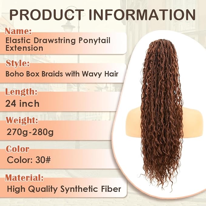 Drawstring Ponytail for Women Boho Box Braids with Long Wavy Hair Ponytail Extension Synthetic Hair Extensions Ponytail for Daily Use (30#, 24 Inch)