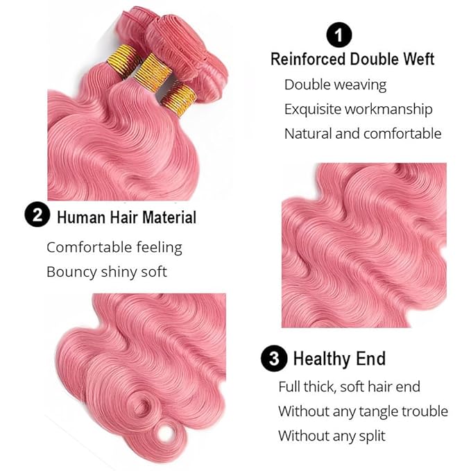 Light Pink Body Wave Bundles Pink Human Hair Bundles 20 20 20 Inch Double Weft Soft and Silky Pink Bundle Hair Weave Niegmeag Peruvian Virgin Remy Hair Extensions