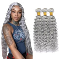 28 30 32 Inch Grey Bundles Human Hair Silver Deep Wave Bundles Niegmeag Brazilian Virgin Remy Hair Extensions Double Weft Soft And Silky Gray Deep Wave Bundle