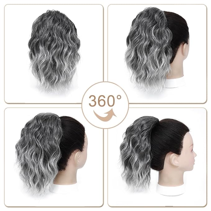Ponytail Extension,12 Inch Drawstring Ponytail Hair Extensions for Women Synthetic Curly Wavy Fake Pony Tails Hair Pieces for Daily Party Use (T1B/Grey)