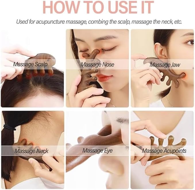 Wooden Scalp Massager, Sandalwood Wide Tooth Comb, Acupressure Tool for Face and Body