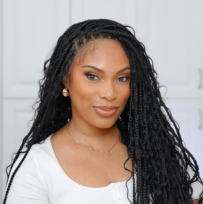 Human Hair Boho Curls Hand-Tied HD Full Lace Wig - 36" Salon-Level Small Box Synthetic Braids (121 Braids, High Density) Pre-Cut Swiss HD Lace, Pre-Plucked, Knotless, Tangle-Free - Black 1B