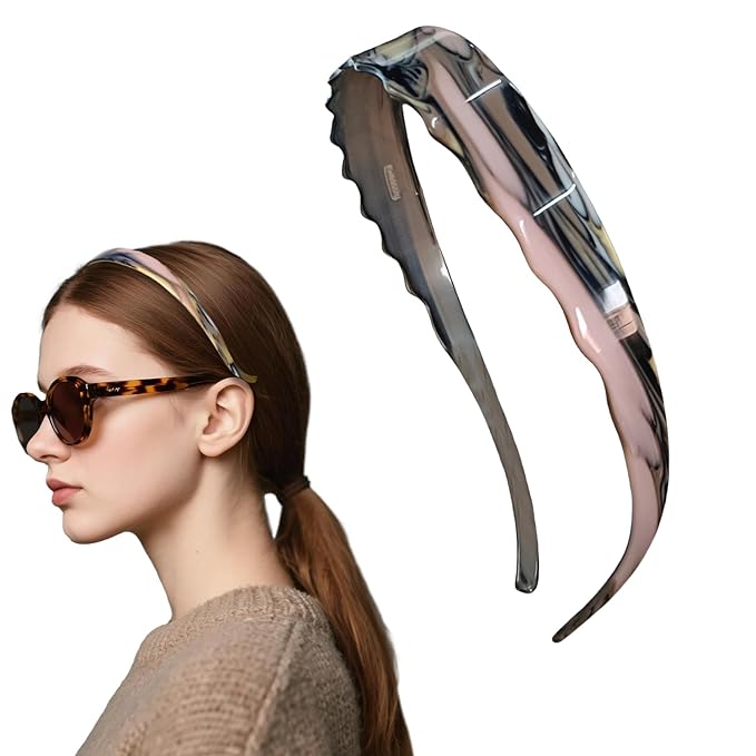 Acetate Hairbands for Women - Non-Slip Thin Headbands with Teeth, Eyewear-Friendly Design, 90s Retro Hair Accessories, No Pressure & No Headache Sunglasses Headband（Black & Pink）