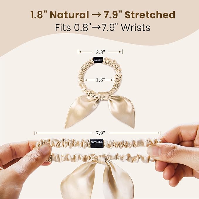THXSILK 100% Mulberry Silk Bow Scrunchies 3-Pack, 22 Momme Mulberry Silk Hair Ties for Women, Cute Bunny Ear No Damage Ponytail Holders, Fashion Hair Accessories for Girls(S, Metallic Gold)