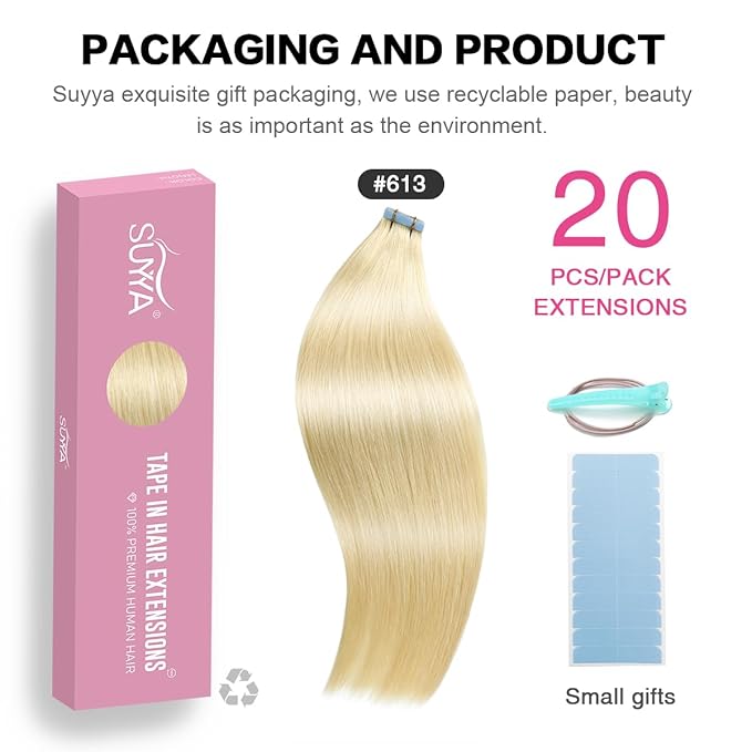 SUYYA Tape in Hair Extensions Human Hair Bleach Blonde 26 Inch 60g/pack 20pcs Straight Seamless Skin Weft Tape in Real Human Hair Extensions(26inch #613 Bleach Blonde)