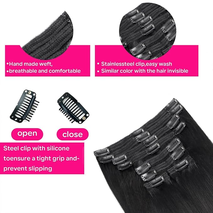 Yaki Straight Clip in Hair Extensions Real Human Hair 8Pcs Remy Human hair Clip ins for Women, Natural Soft Human Hair 120g 26inch #1B Natural Black