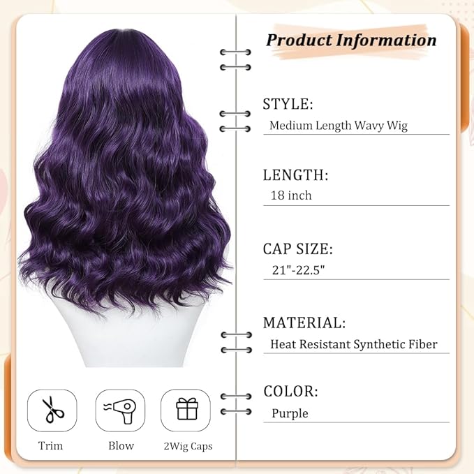 Purple Wig for Women, 18 Inch Middle Part Wavy Curly Wigs Synthetic Heat Resistant Soft deep wave Wig for Women Daily Use (Purple, 18 Inch)