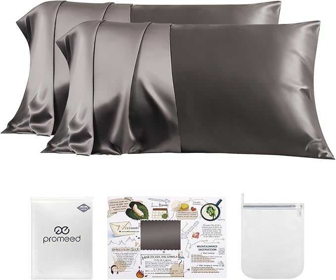 PROMEED 100% Silk Pillowcase 2 Pack with Zipper, Both Sides Premium Mulberry Silk Pillow Cases Set of 2 for Hair and Skin, Anti BedHead, Anti Frizz (Standard 20"x26", Grey)