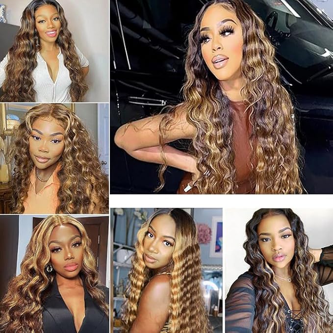 30 32 34 Inch Highlight Bundles Human Hair Blonde Deep Wave Bundle Brazilian Virgin Remy Hair Extensions Niegmeag 2 Tone Black and Honey Blonde Bundle P1B27 Color