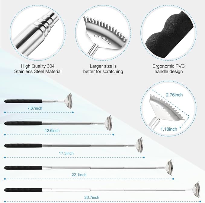 4Pcs Different Back Scratcher Extendable Back Massager Tool with Rubber Handles, Metal Portable Telescoping Back Scratcher, Stocking Stuffers for Men Women Christmas Gift (Black)