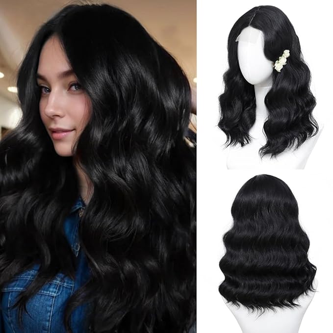 Black Wig for Women, 18 Inch Middle Part Wavy Curly Wigs Synthetic Heat Resistant Soft deep wave Wig for Women Daily Use (Black, 18 Inch)