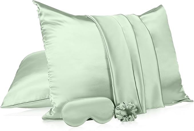 2 Pack Satin Pillowcase with Hidden Zipper, Adjustable Satin Eye Mask for Sleeping and Satin Volume Scrunchie for Hair and Skin, Standard Size (Green,Vintage Style)