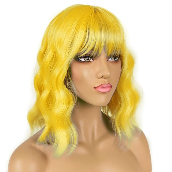 LANICE Yellow Wig Short Bob Wigs with Bangs for Women Loose Wavy Hair Shoulder Length Wigs Synthetic Colorful Wigs for Cosplay Daily PartyUse(Yellow，12inch)