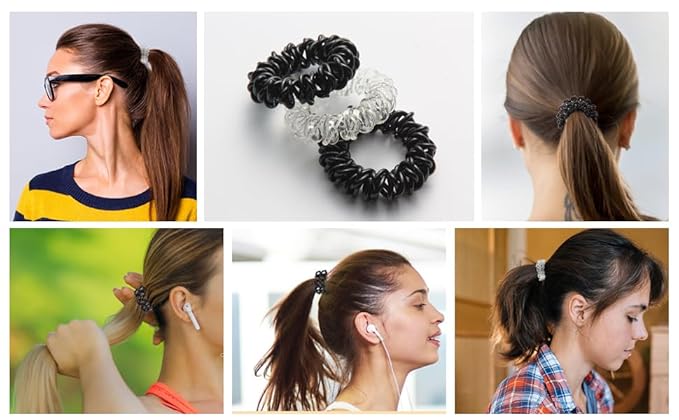 Upgraded Version Spiral Hair ties for Women, No Crease Clear Coil Hair Ties Spiral Ponytail Holders Scrunchies, Hair Coils/Phone Cord Hair Ties for Thin Hair/Soft Elastic. (8, Black and White）