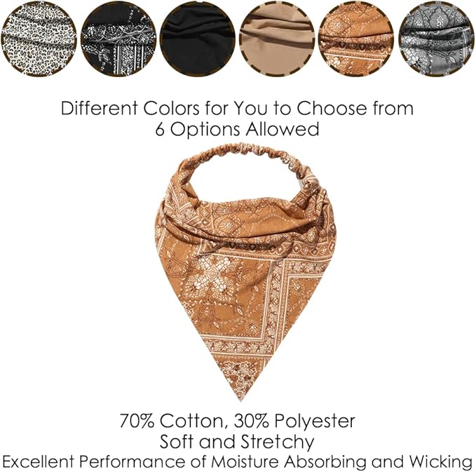 6 Pack Hair Scarf Headband for Women Elastic Bandana Head Scarf Large Boho Triangle Kerchief with Clips Non Slip Scarves
