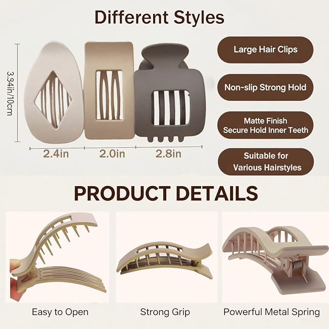 Large Flat Hair Clips for Woman,3PCS French Flat Hair Claw Clips,Duckbill Hair Clips for Thick and Thin Hair,Matte No-Slip Hair Clip Strong Hold Barrettes
